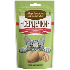 Деревенские лакомства. для кош. Сердечки с аминокислотой L-лизин для иммунитета, 30г