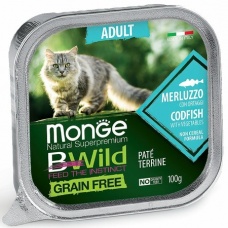 Monge Cat BWild GRAIN FREE беззерновые консервы из трески с овощами для взрослых кошек 100г