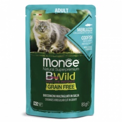 Monge Cat BWild GRAIN FREE паучи из трески с креветками и овощами для взрослых кошек 85г