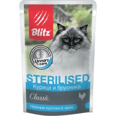 Blitz Classic пауч для стерилизованных кошек котов, курица и брусника, 24 шт