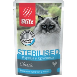 Blitz Classic пауч для стерилизованных кошек котов, курица и брусника, 24 шт